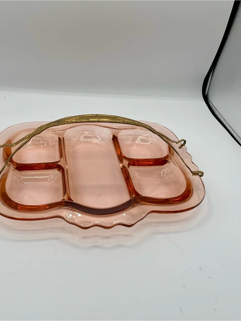 Vintage Pink Glass Divided Serving Tray with Handle from